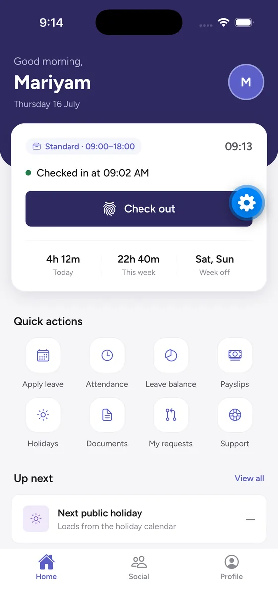 ZawiyaHR employee app - home and check-in